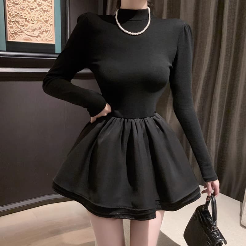 그는 벤 바람 작은 검은 드레스 여성 겨울 검정색 반하이넥 만나는 미니 스커트 인사이드 가져 가라. 퍼프 스커트 경기 코트 니트 치마 상세 이미지 6