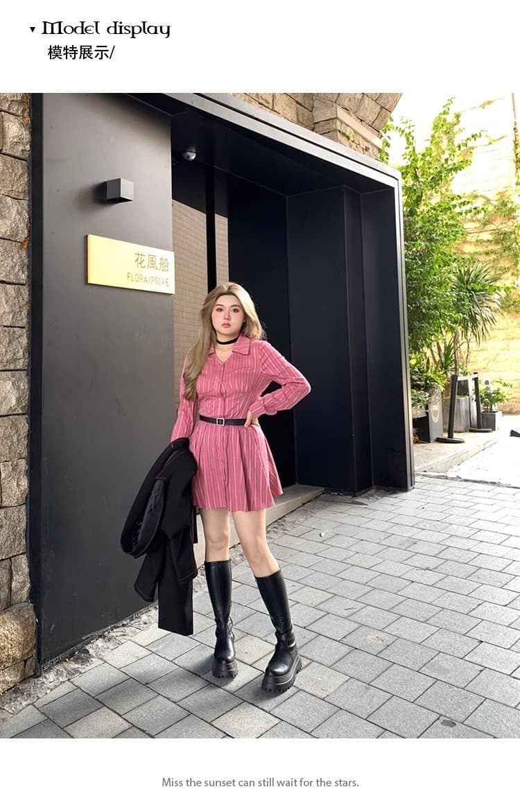애니 아니요 화재 아름다운 Jiao 리 가을 주름 품격 허리 수축 디자인 센스 V넥 스트라이프 긴팔 드레스 상세 이미지 2