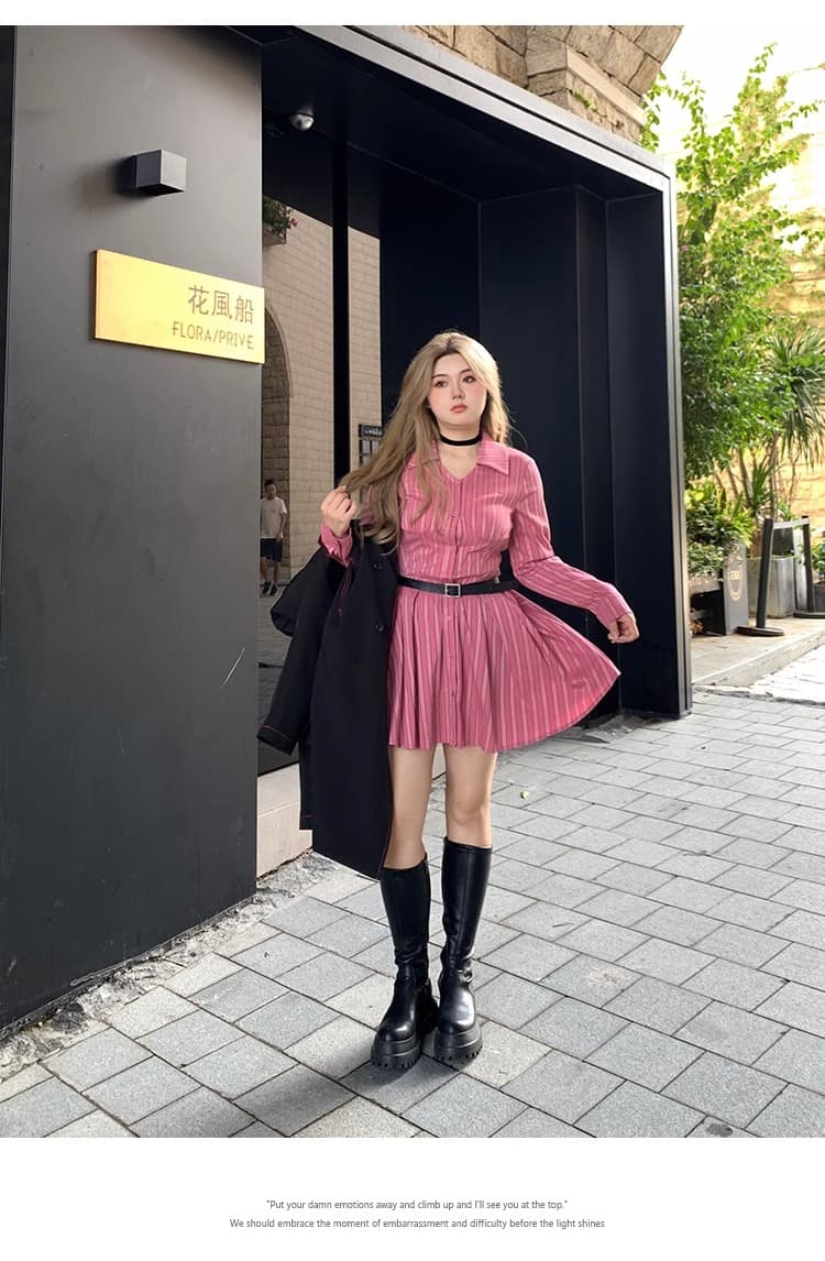 애니 아니요 화재 아름다운 Jiao 리 가을 주름 품격 허리 수축 디자인 센스 V넥 스트라이프 긴팔 드레스 상세 이미지 6