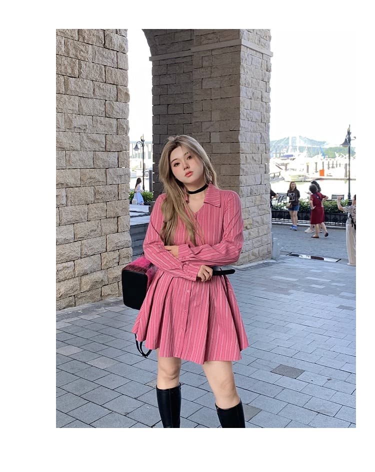 애니 아니요 화재 아름다운 Jiao 리 가을 주름 품격 허리 수축 디자인 센스 V넥 스트라이프 긴팔 드레스 상세 이미지 9