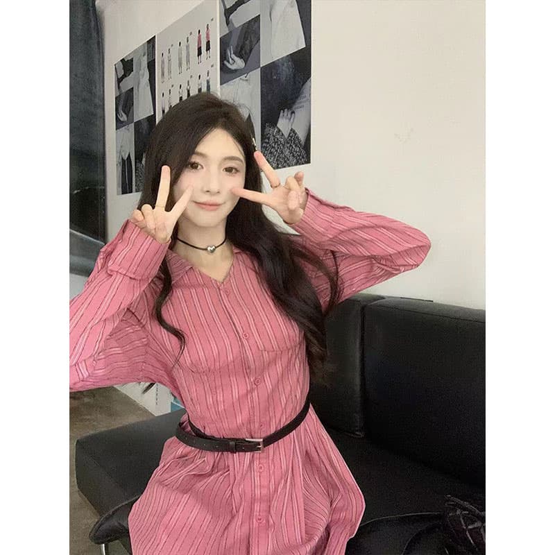 아메리칸 휴가 바람 슬림해 보이는 다용도 여성 드레스 봄 가을 허리 수축 표지 고기 고급 센스 빨간색 스트라이프 셔츠 미니 스커트 상세 이미지 3