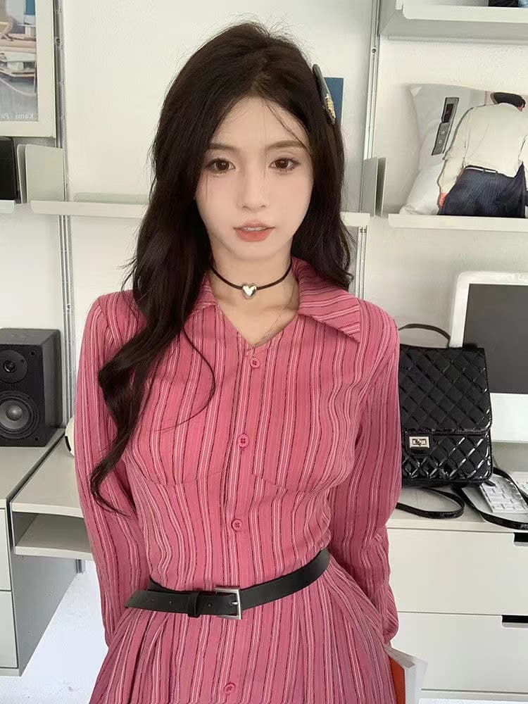 아메리칸 휴가 바람 슬림해 보이는 다용도 여성 드레스 봄 가을 허리 수축 표지 고기 고급 센스 빨간색 스트라이프 셔츠 미니 스커트 상세 이미지 12