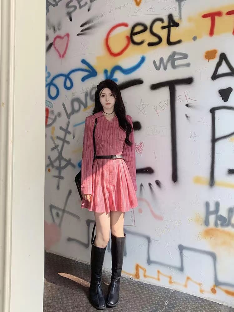 아메리칸 휴가 바람 슬림해 보이는 다용도 여성 드레스 봄 가을 허리 수축 표지 고기 고급 센스 빨간색 스트라이프 셔츠 미니 스커트 상세 이미지 13