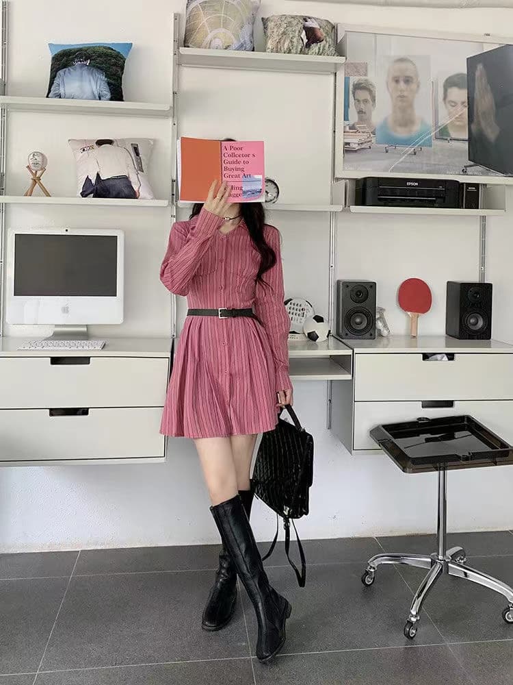 아메리칸 휴가 바람 슬림해 보이는 다용도 여성 드레스 봄 가을 허리 수축 표지 고기 고급 센스 빨간색 스트라이프 셔츠 미니 스커트 상세 이미지 14
