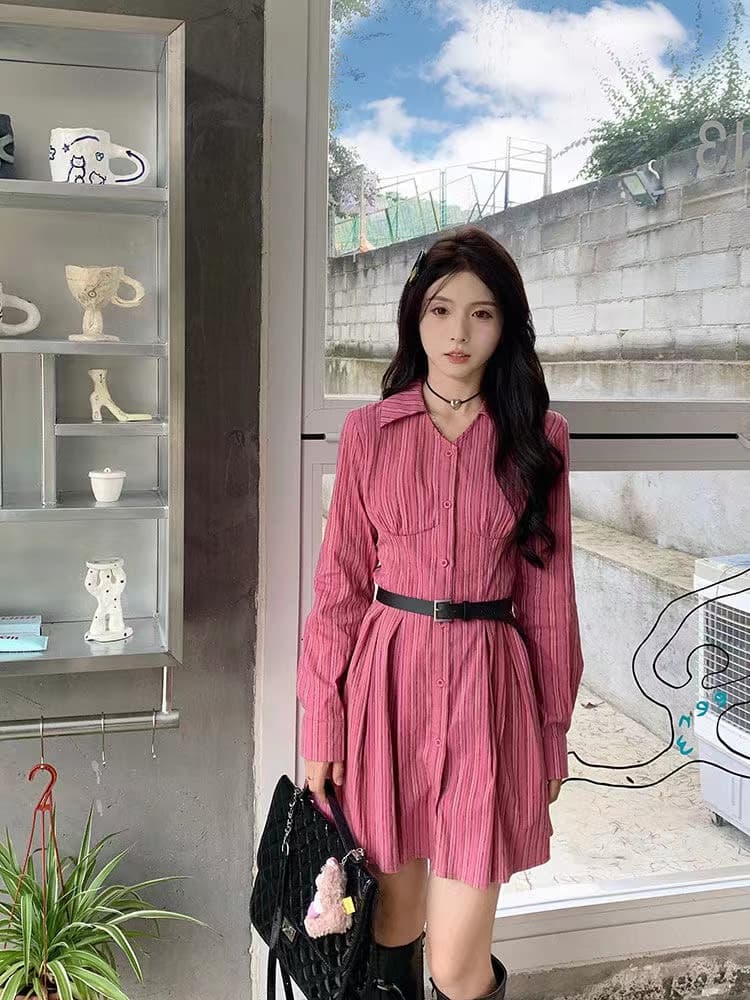 아메리칸 휴가 바람 슬림해 보이는 다용도 여성 드레스 봄 가을 허리 수축 표지 고기 고급 센스 빨간색 스트라이프 셔츠 미니 스커트 상세 이미지 16