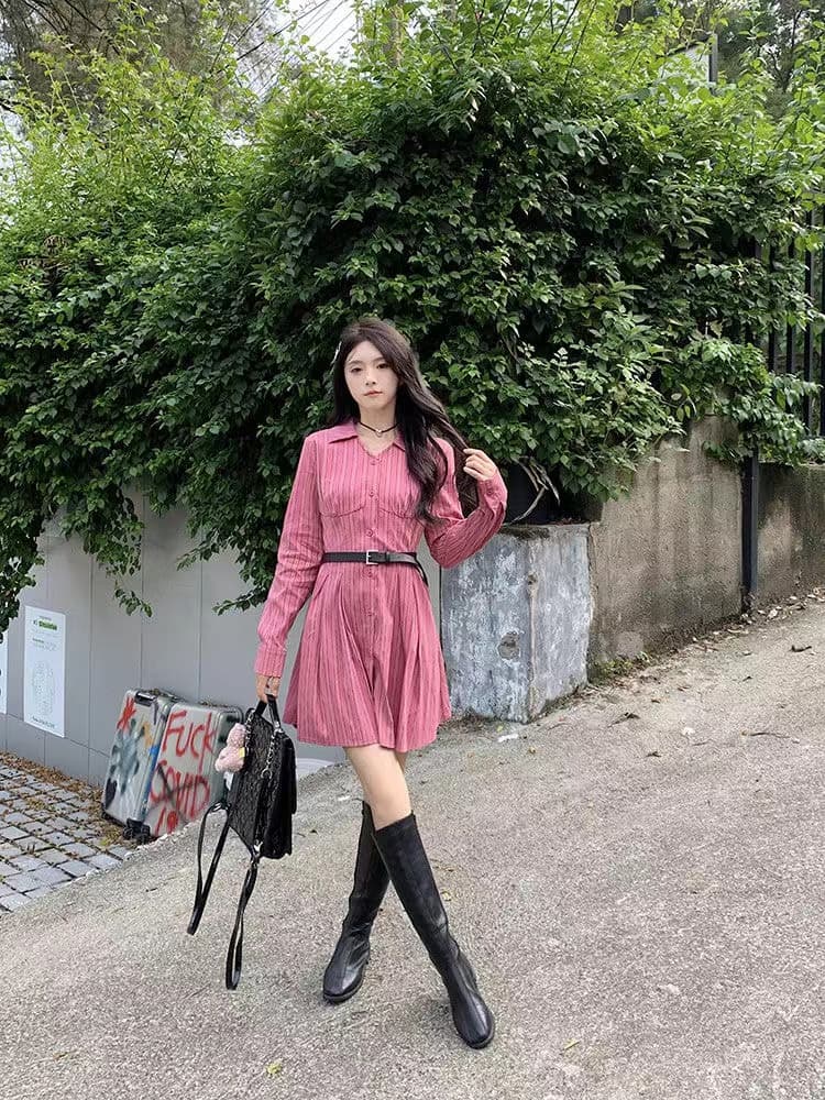 아메리칸 휴가 바람 슬림해 보이는 다용도 여성 드레스 봄 가을 허리 수축 표지 고기 고급 센스 빨간색 스트라이프 셔츠 미니 스커트 상세 이미지 21