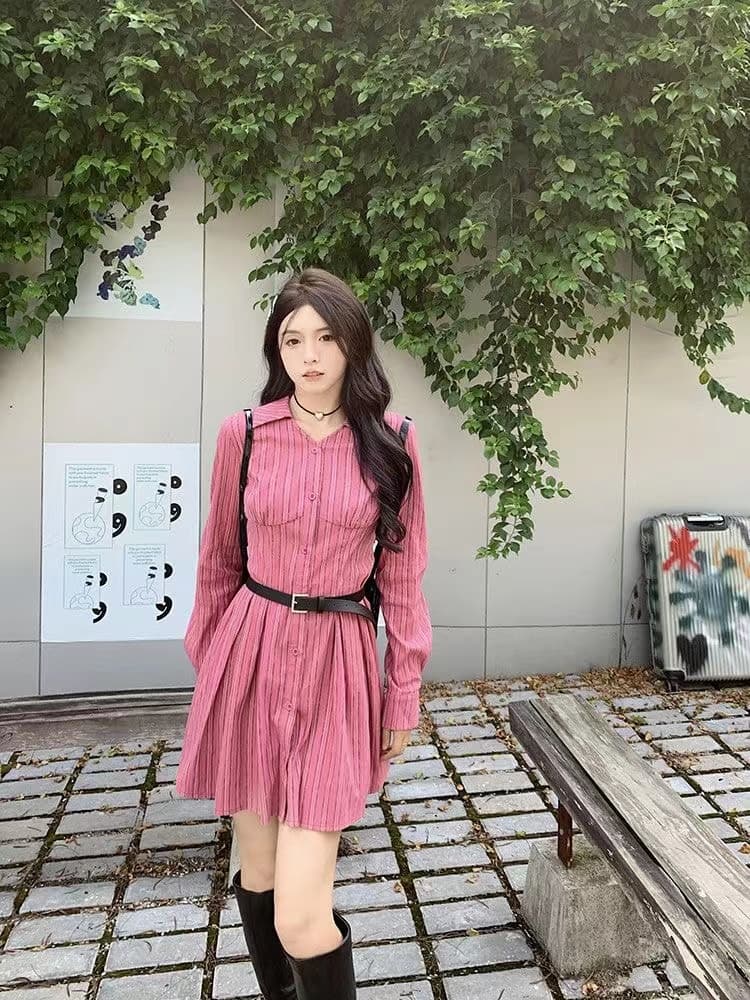 아메리칸 휴가 바람 슬림해 보이는 다용도 여성 드레스 봄 가을 허리 수축 표지 고기 고급 센스 빨간색 스트라이프 셔츠 미니 스커트 상세 이미지 22