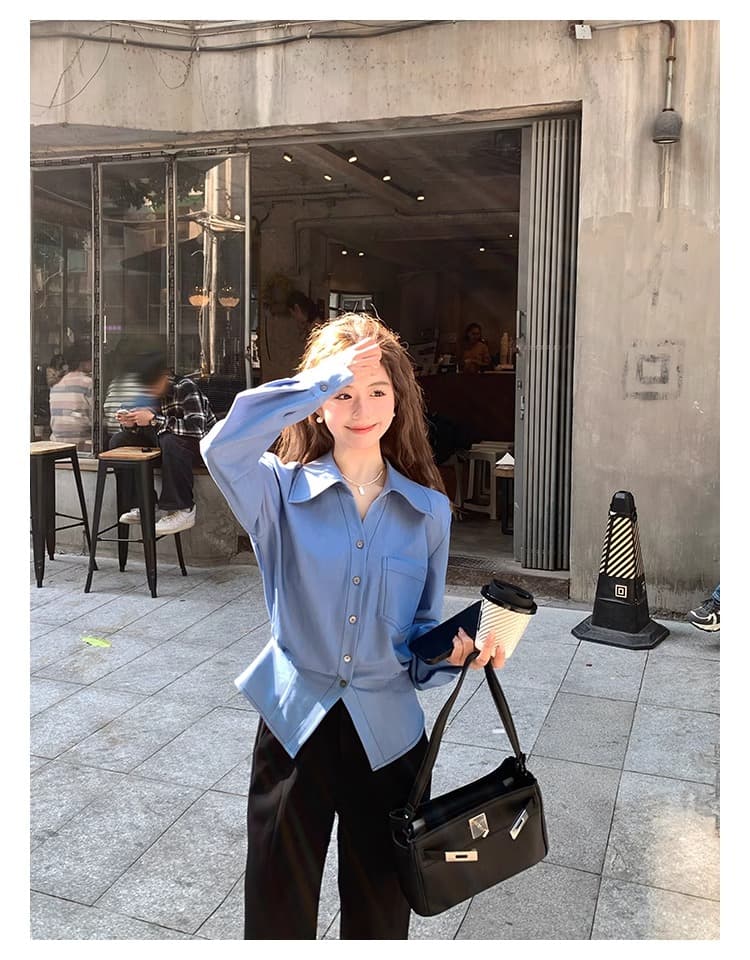 케이크를 잘라 자기 시스템 작은 키 파란색 셔츠 여성 디자인 센스 패션 맨위 새로운 품격 화이트 긴팔 셔츠 상세 이미지 4
