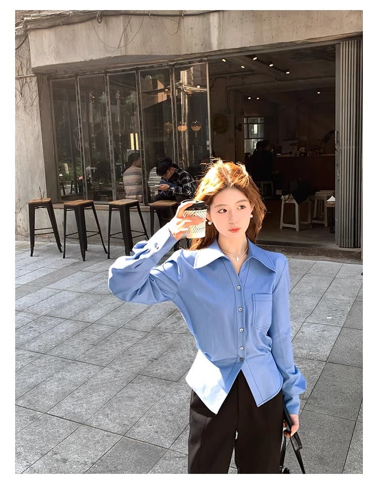 케이크를 잘라 자기 시스템 작은 키 파란색 셔츠 여성 디자인 센스 패션 맨위 새로운 품격 화이트 긴팔 셔츠 상세 이미지 5