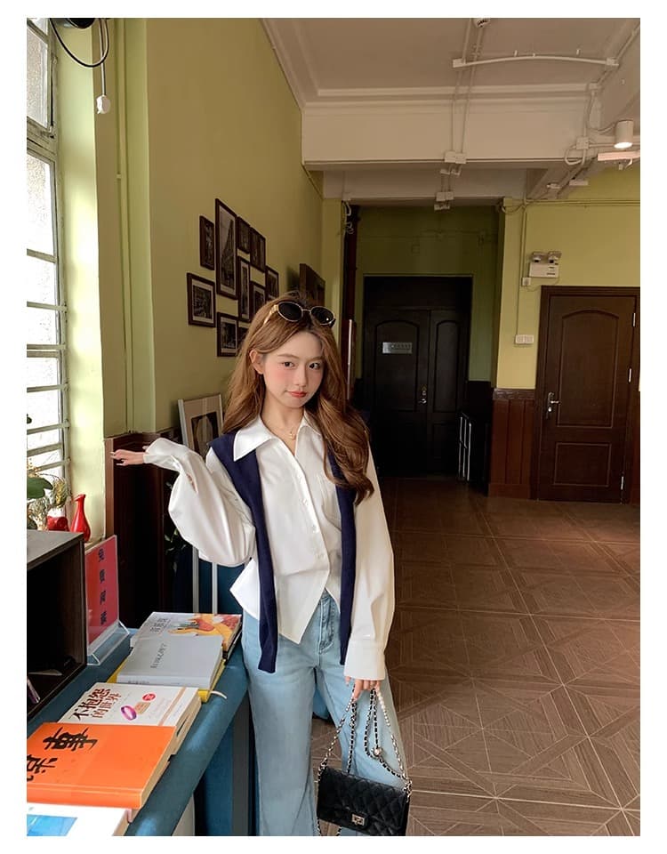 케이크를 잘라 자기 시스템 작은 키 파란색 셔츠 여성 디자인 센스 패션 맨위 새로운 품격 화이트 긴팔 셔츠 상세 이미지 12