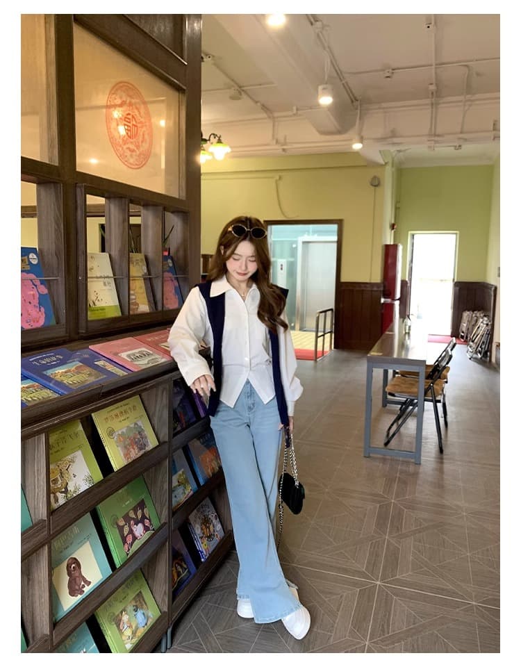 케이크를 잘라 자기 시스템 작은 키 파란색 셔츠 여성 디자인 센스 패션 맨위 새로운 품격 화이트 긴팔 셔츠 상세 이미지 18