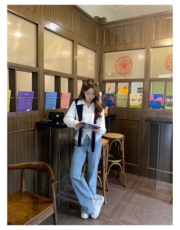 케이크를 잘라 자기 시스템 작은 키 파란색 셔츠 여성 디자인 센스 패션 맨위 새로운 품격 화이트 긴팔 셔츠 상세 이미지 22