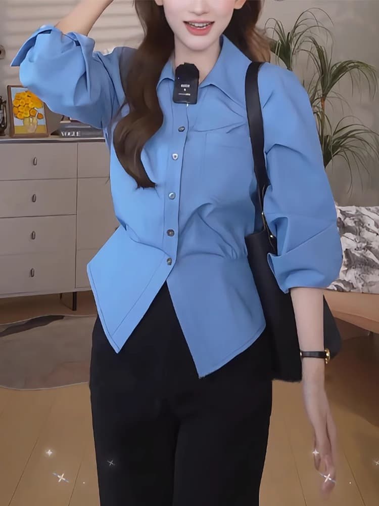 파란색 슬림해 보이는 패션 다용도 긴팔 여성 셔츠 작은 키 외출용 고급 품격 고유 한 표지 고기 화이트 맨위 상세 이미지 2