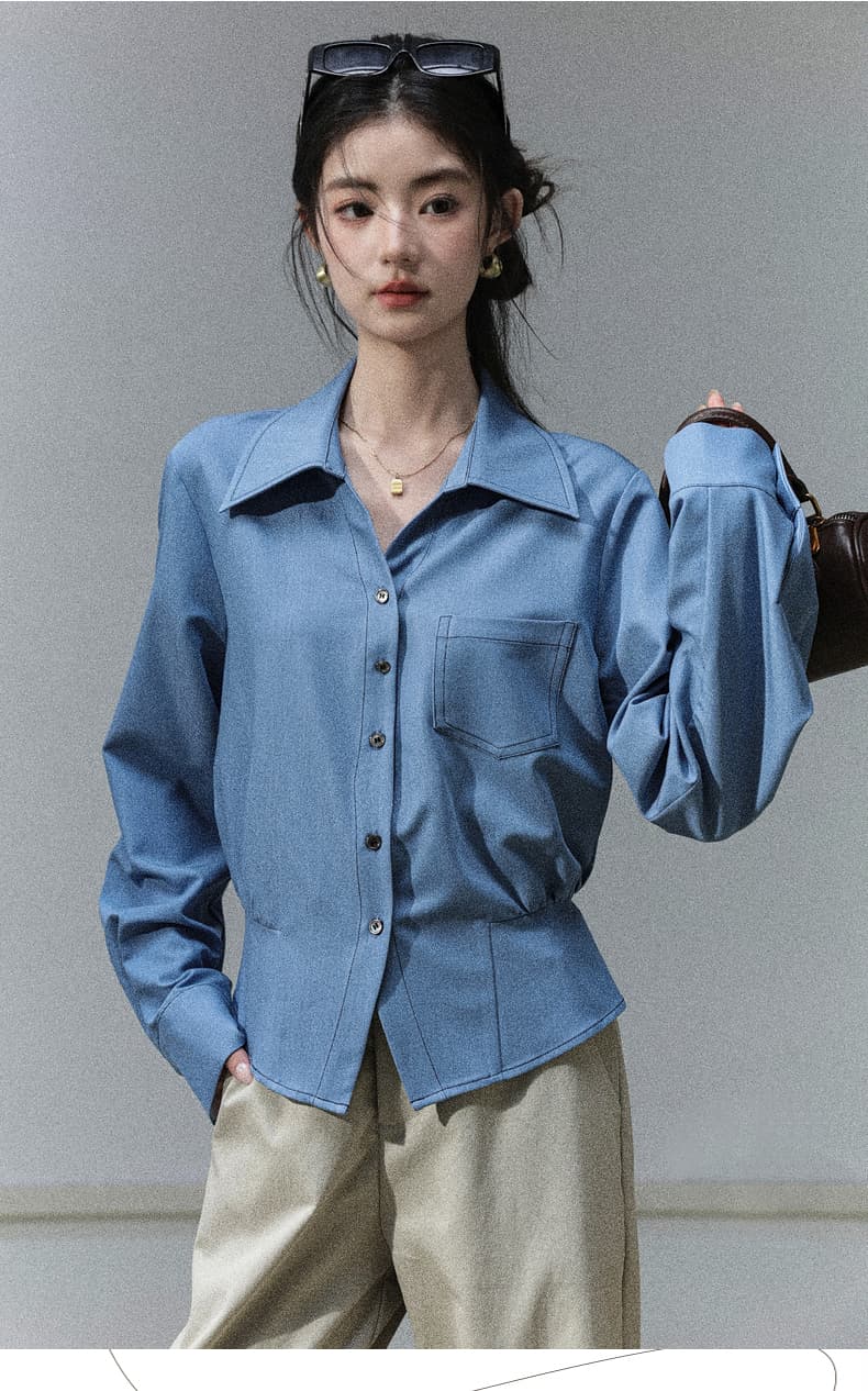 한 부서 출퇴근 품격 파란색 셔츠 새로운 POLO 칼라 허리 수축 슬림해 보이는 디자인 센스 외국 가스 다용도 셔츠 상세 이미지 6