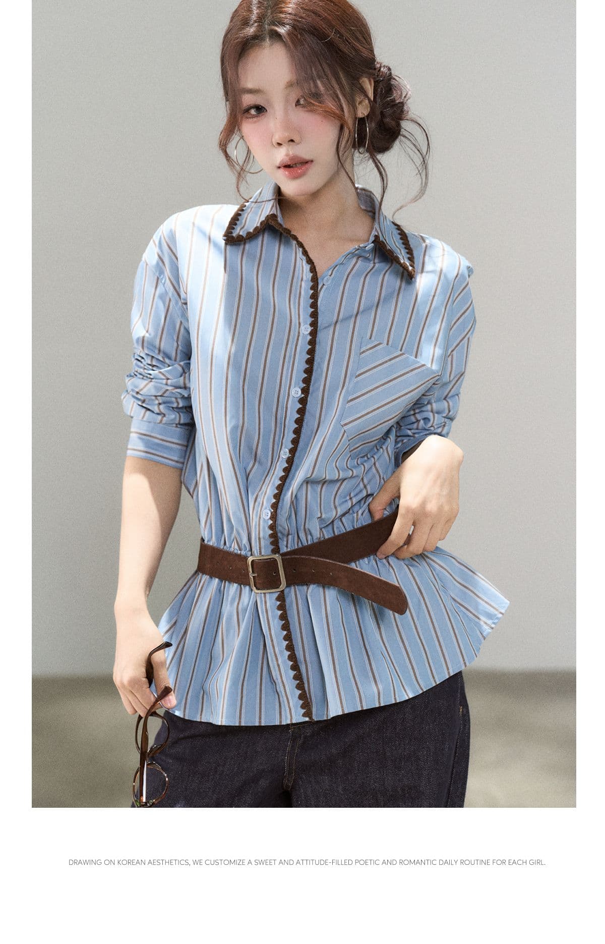 한 부서 고유 한 레이스 스트라이프 폴로 칼라 셔츠 드레스 여성 가을 고급 센스 chic 파란색 허리 수축 오픈 가디건 셔츠 트렌디 상세 이미지 7