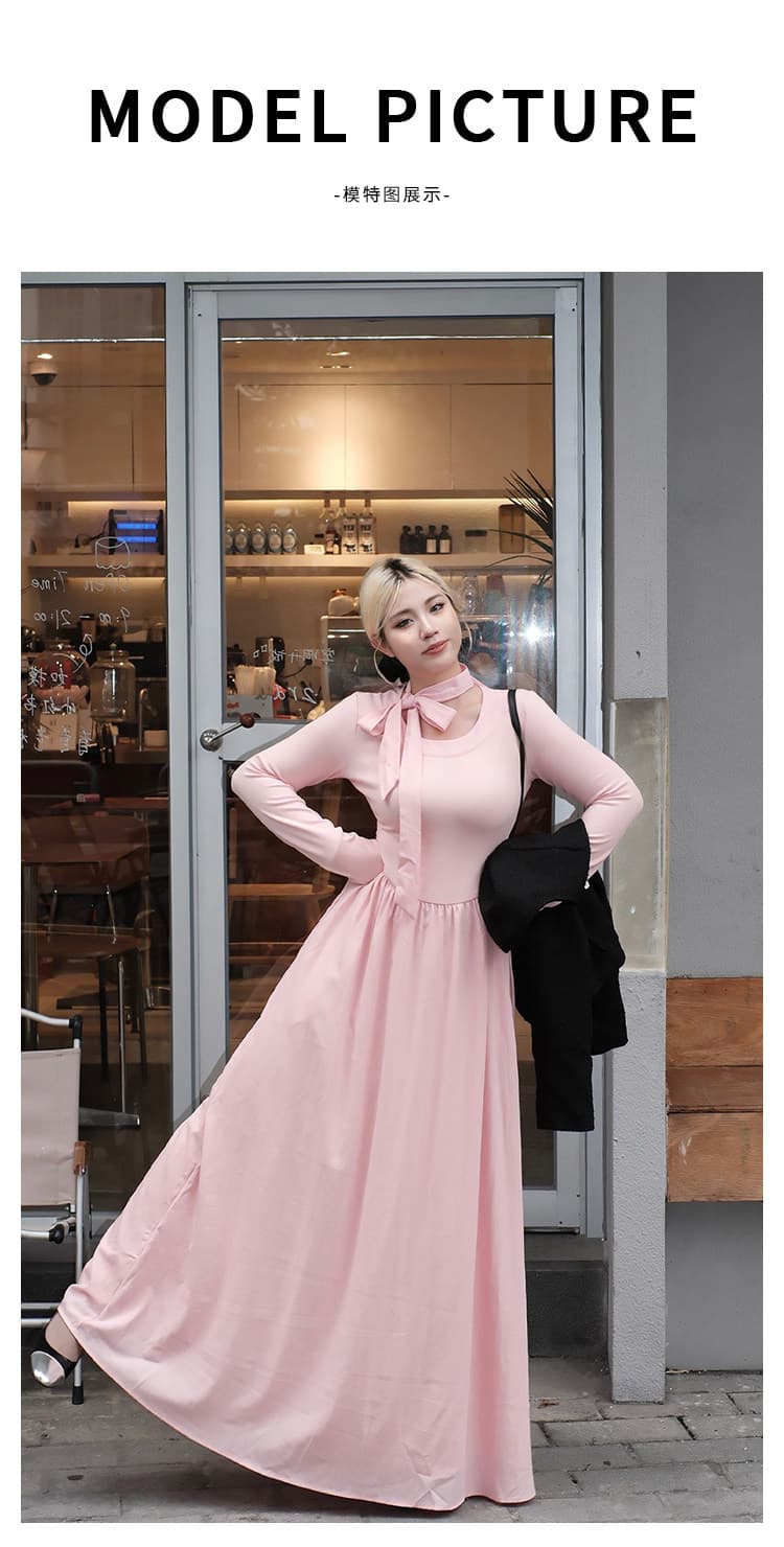 행침 목 나비 넥타이 드레스 긴팔 허리 수축 패치워크 큰 진자 도루 센스 품격 롱 코트 치마 상세 이미지 4