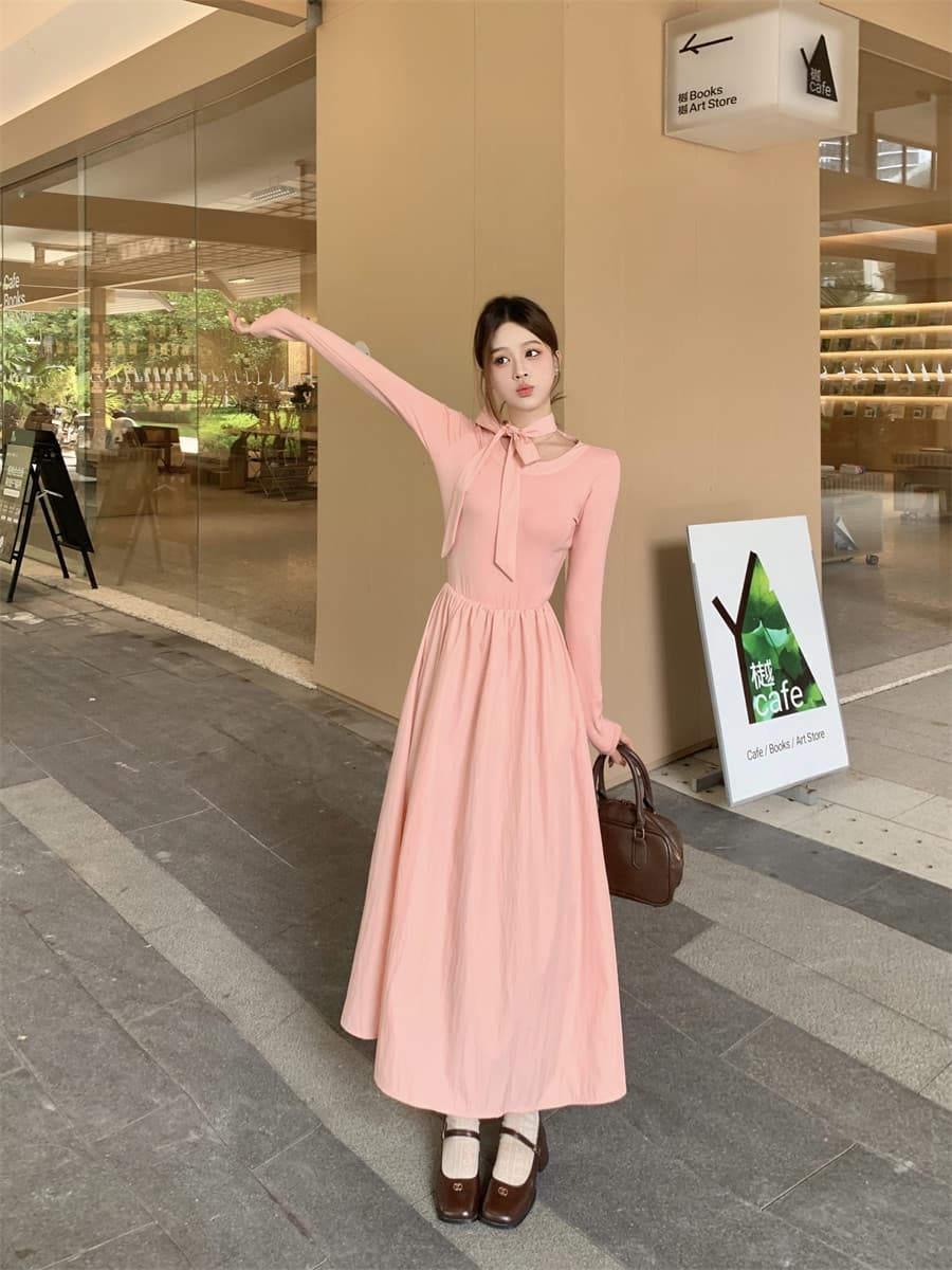 검정색 라운드 넥 긴팔 패치워크 여성 드레스 봄 슬림해 보이는 A라인 스커트 중간 길이 출퇴근 치마 상세 이미지 6