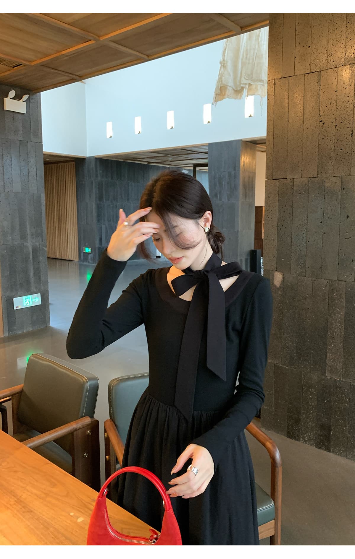 빅 사이즈 프랑스식 그는 벤 바람 라운드 넥 긴팔 여성 드레스 가을 허리 수축 품격 작은 검은 드레스 지방 mm 슬림해 보이는 치마 상세 이미지 4
