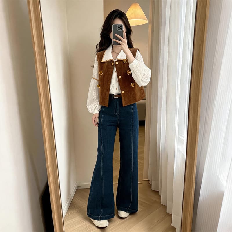 새로운 중식 라운드 넥 쇼트 스타일 베스트 3 차원 꽃 금속 버클 민소매 코듀로이 어깨 외부 잡아라. 의류