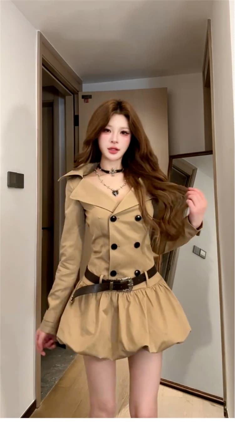 레트로 빅 칼라 슬림해 보이는 퍼프 스커트 이중 버튼 바람막이 스타일 허리 수축 드레스 상세 이미지 3