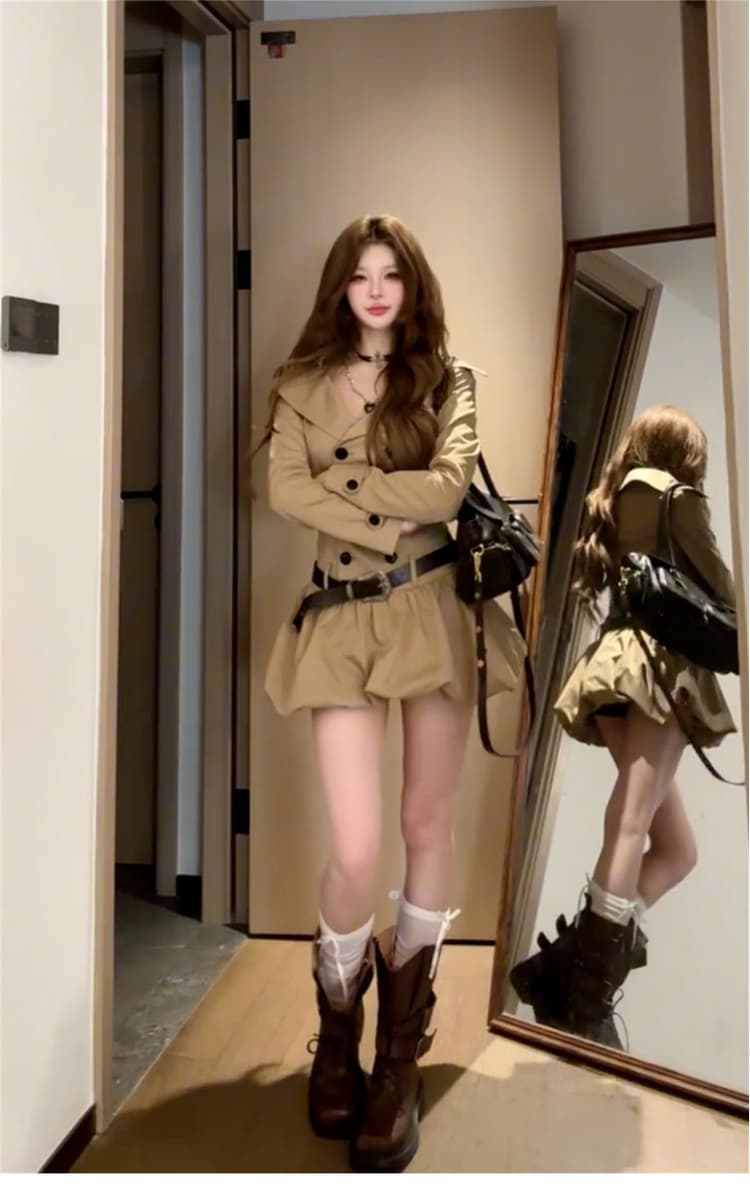 레트로 빅 칼라 슬림해 보이는 퍼프 스커트 이중 버튼 바람막이 스타일 허리 수축 드레스 상세 이미지 7