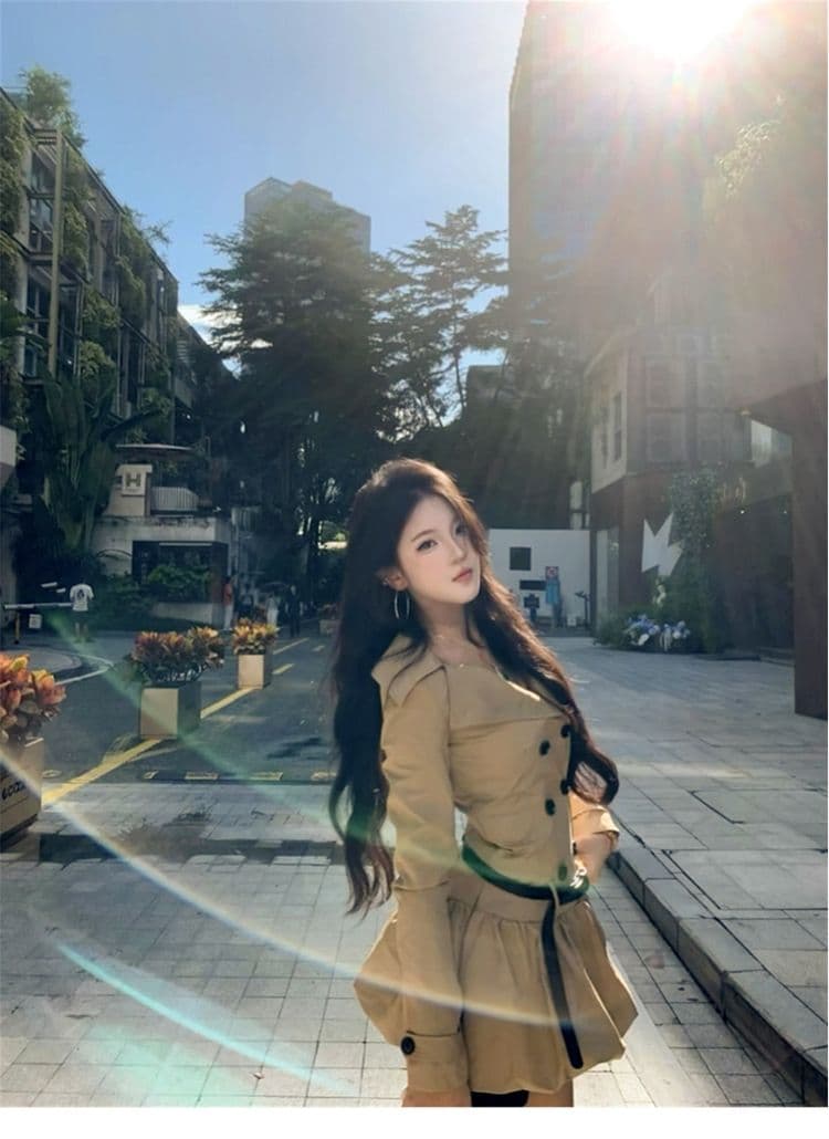 카키 바람막이 스타일 드레스 봄 가을 새로운 고급 센스 레트로 허리 수축 빅 칼라 이중 버튼 꽃밭 미니 스커트 상세 이미지 2