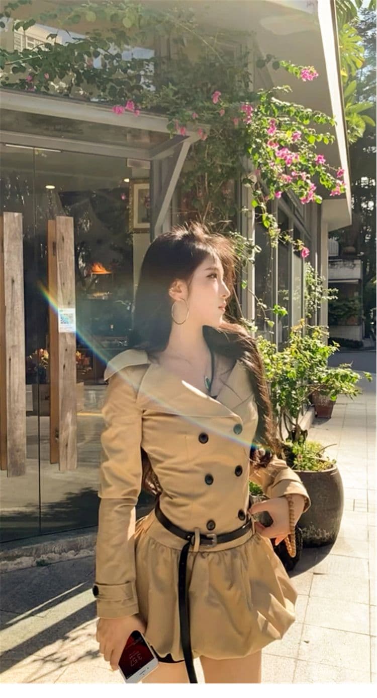 카키 바람막이 스타일 드레스 봄 가을 새로운 고급 센스 레트로 허리 수축 빅 칼라 이중 버튼 꽃밭 미니 스커트 상세 이미지 6