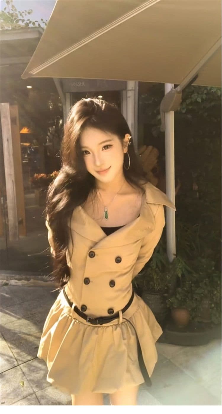 카키 바람막이 스타일 드레스 봄 가을 새로운 고급 센스 레트로 허리 수축 빅 칼라 이중 버튼 꽃밭 미니 스커트 상세 이미지 7