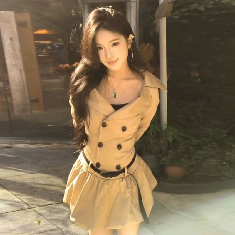 카키 바람막이 스타일 드레스 봄 가을 새로운 고급 센스 레트로 허리 수축 빅 칼라 이중 버튼 꽃밭 미니 스커트 상세 이미지 8