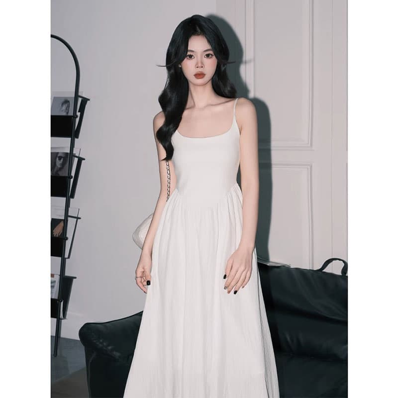 프랑스식 첫사랑 센스 품격 허리 수축 슬림해 보이는 화이트 길다 치마 샤오 바이 치마 슬립 A라인 스커트 그는 벤 바람 작은 검은 드레스
