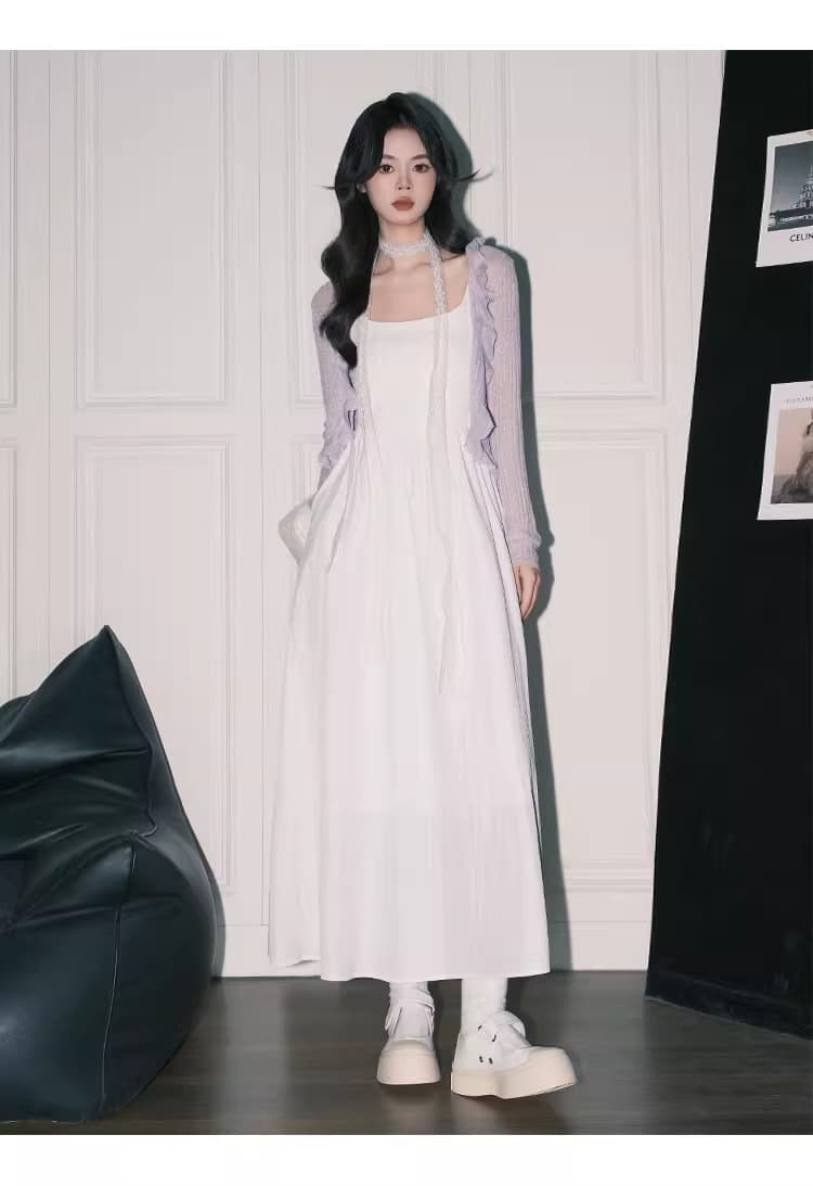 프랑스식 첫사랑 센스 품격 허리 수축 슬림해 보이는 화이트 길다 치마 샤오 바이 치마 슬립 A라인 스커트 그는 벤 바람 작은 검은 드레스 상세 이미지 5