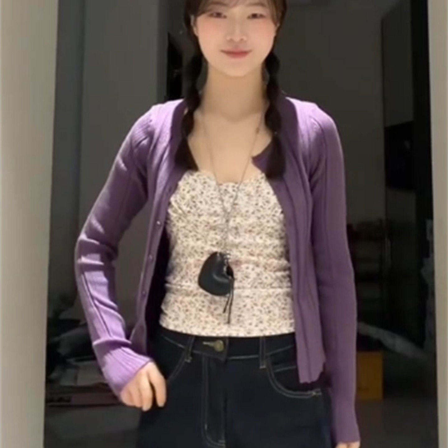 이중층 원단 주름 한 부서 꽃무늬 캐미솔 허리 수축 구덩이 기사 니트 오픈 가디건 분위기 센스 투피스 슈트