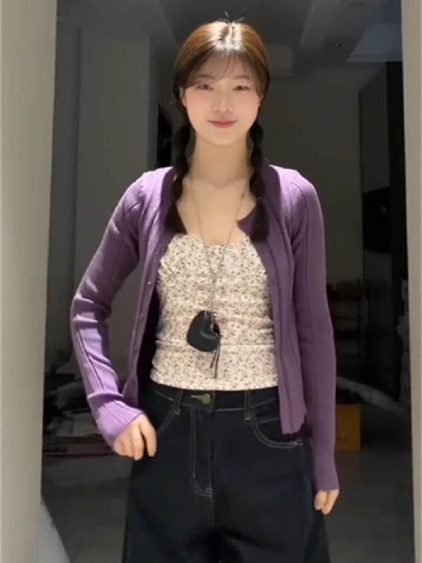 이중층 원단 주름 한 부서 꽃무늬 캐미솔 허리 수축 구덩이 기사 니트 오픈 가디건 분위기 센스 투피스 슈트 상세 이미지 5