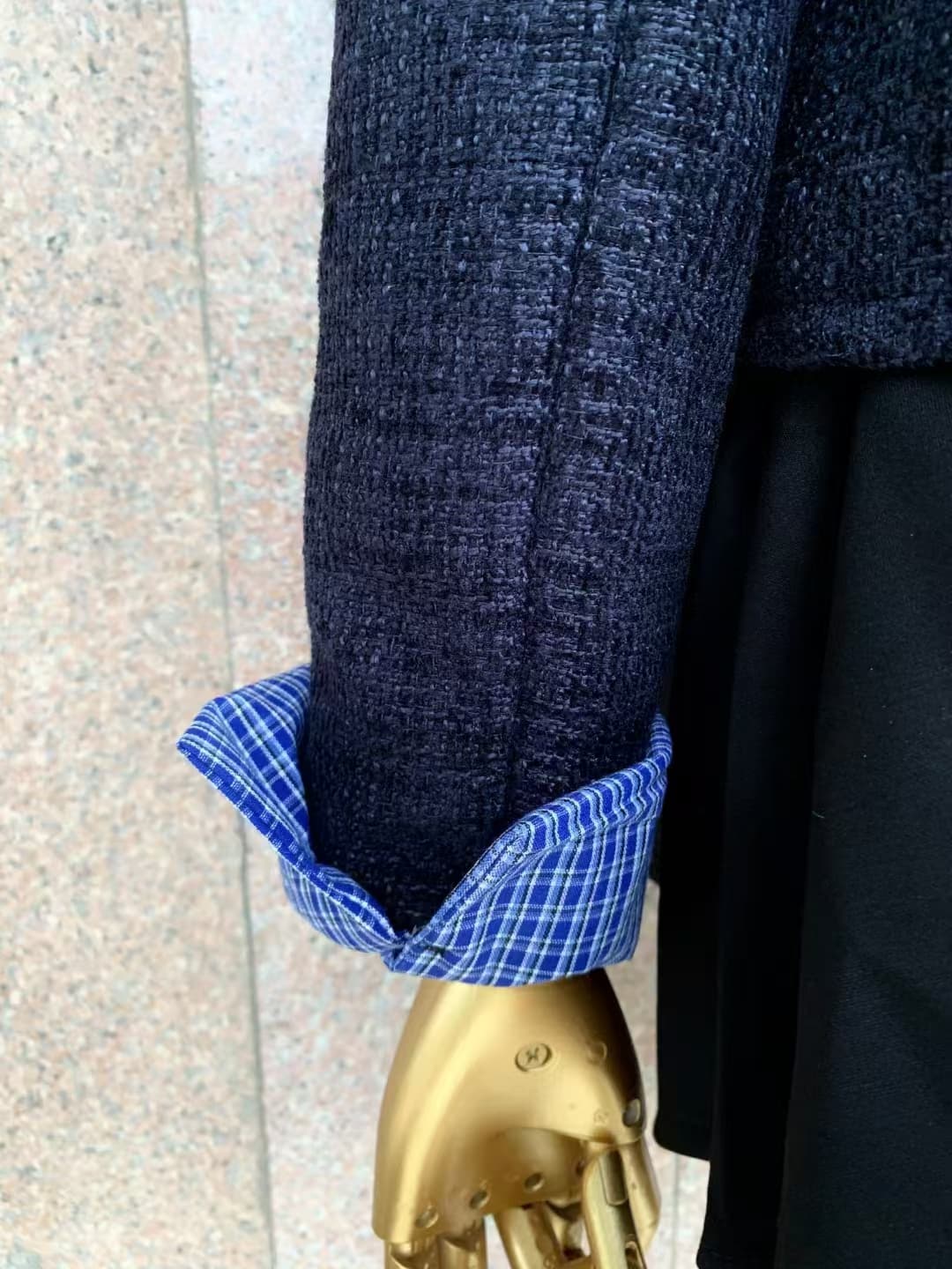 복합 두꺼운 모방 원단 어깨 패드 원본 단추 학원 스타일 체크무늬 패치워크 작은 샤넬 스타일 쇼트 스타일 재킷 상세 이미지 7