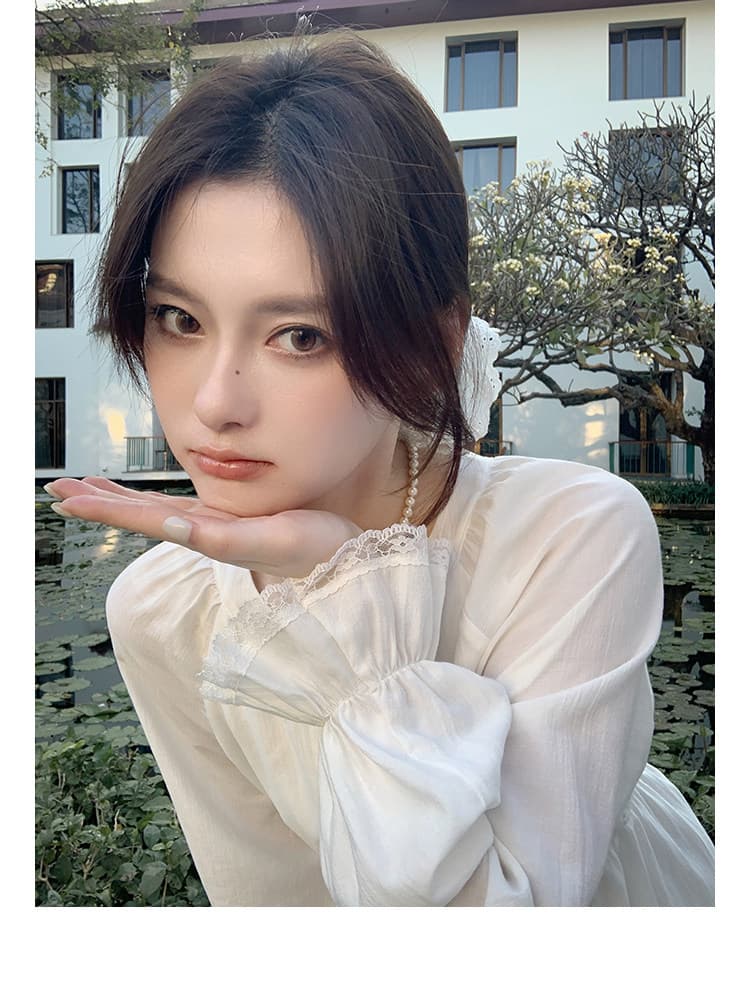 천 실크 주름 네리 참나무 늑골 달콤한 부서 소녀 v 칼라 레이스업 디자인 센스 층 연꽃 잎 케이크 샤오 바이 치마 상세 이미지 20