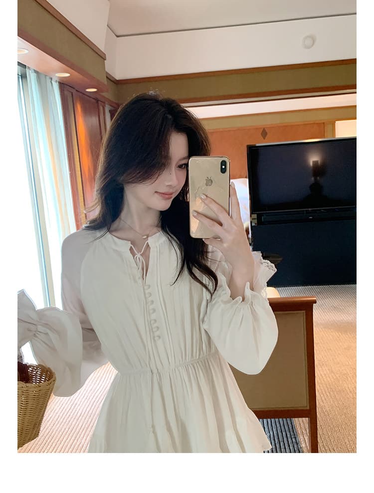 천 실크 주름 네리 참나무 늑골 달콤한 부서 소녀 v 칼라 레이스업 디자인 센스 층 연꽃 잎 케이크 샤오 바이 치마 상세 이미지 21