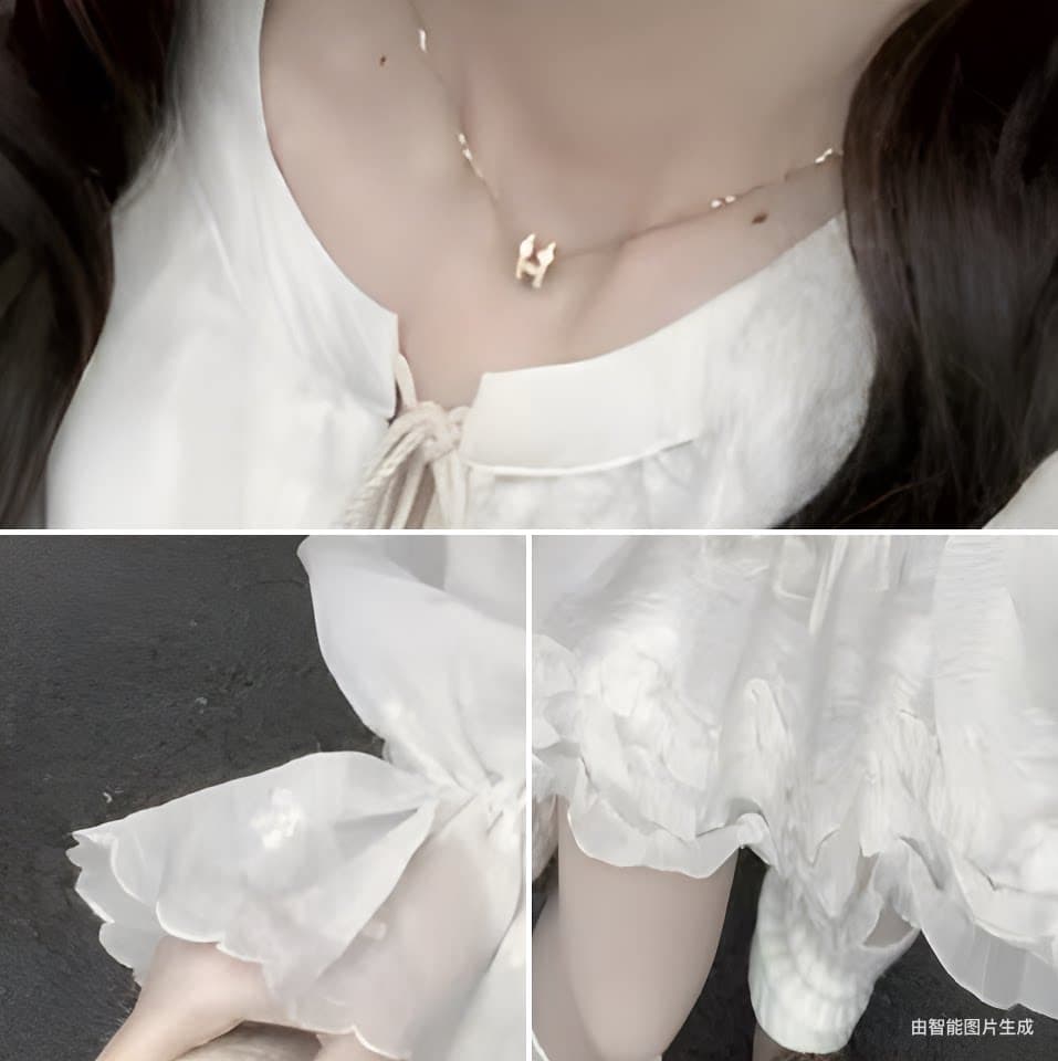 천 실크 주름 네리 참나무 늑골 휴가 바람 v 칼라 레이스업 나팔 소매 연꽃 잎 케이크 쇼트 스타일 화이트 드레스 상세 이미지 7