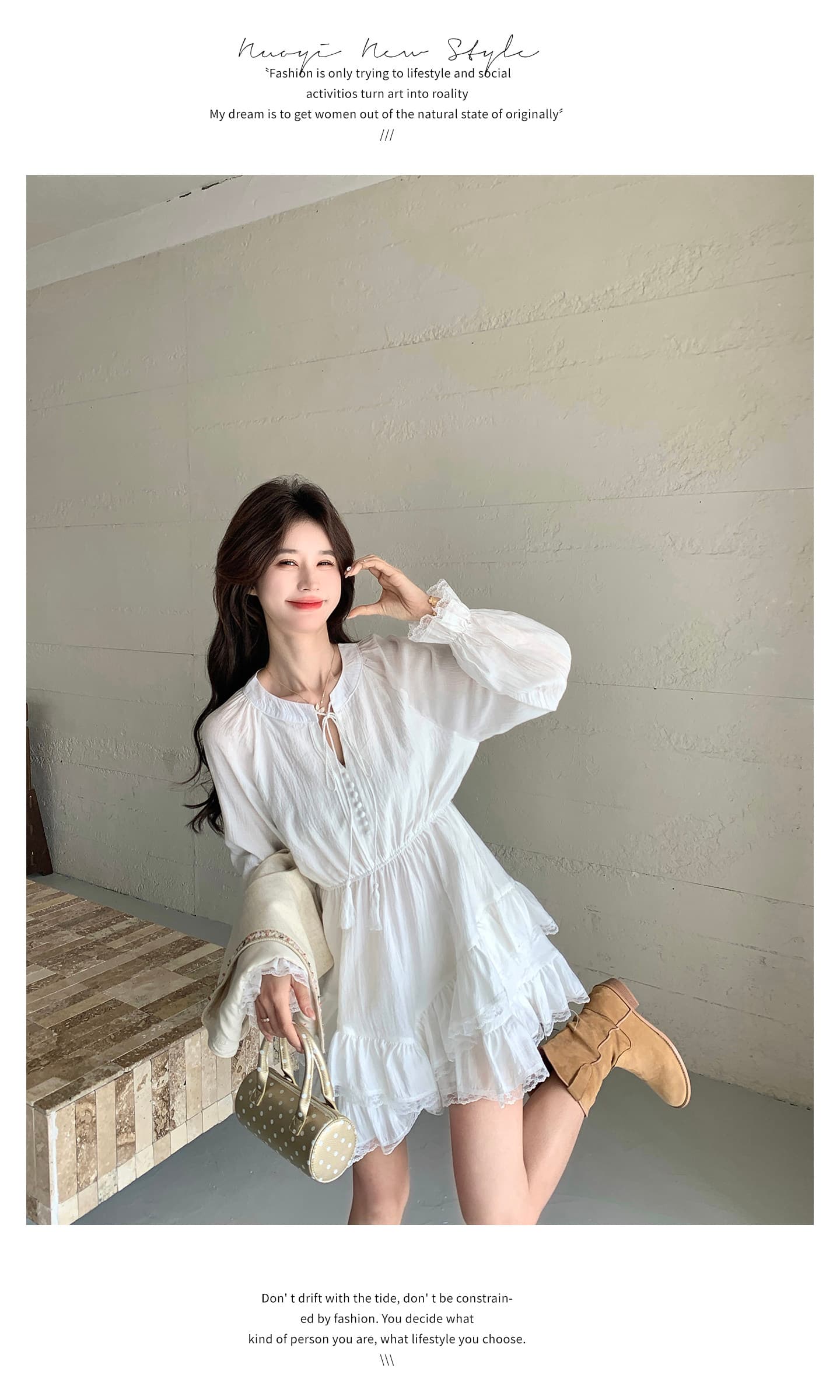 천 실크 주름 네리 참나무 늑골 분위기 센스 하프 열기 레이스업 나팔 소매 층 연꽃 잎 화이트 여성 드레스 상세 이미지 6