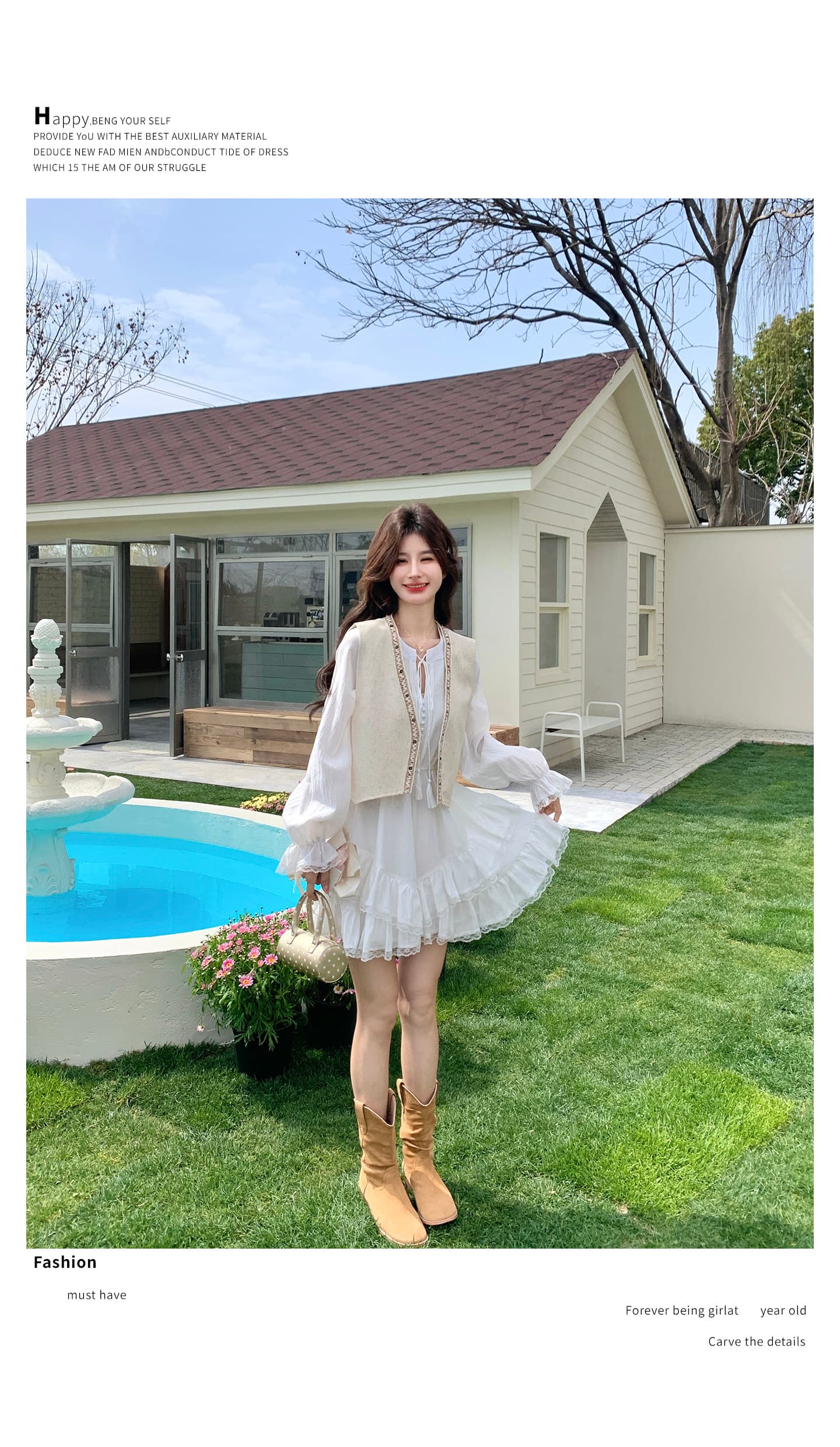 천 실크 주름 네리 참나무 늑골 분위기 센스 하프 열기 레이스업 나팔 소매 층 연꽃 잎 화이트 여성 드레스 상세 이미지 15