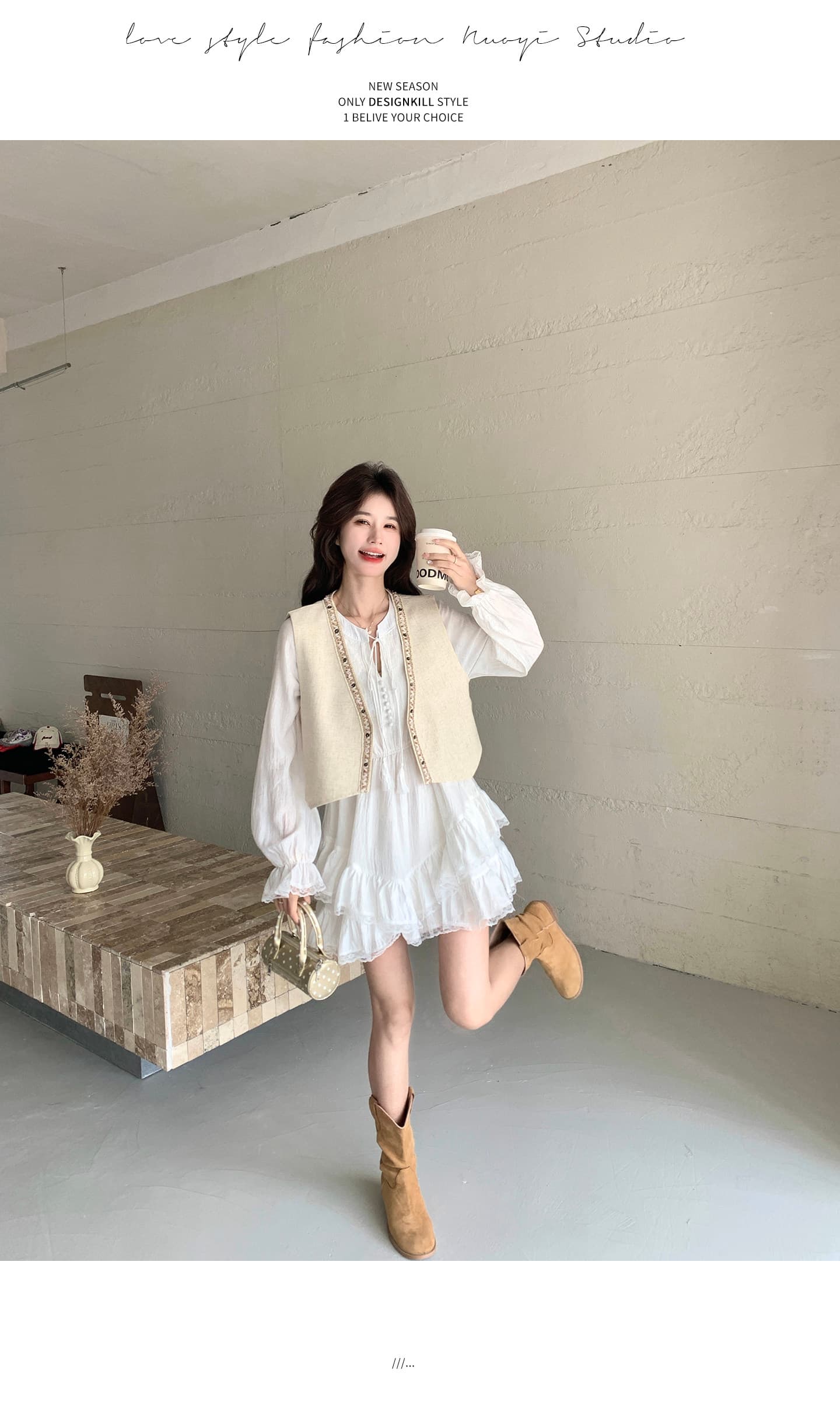 천 실크 주름 네리 참나무 늑골 분위기 센스 하프 열기 레이스업 나팔 소매 층 연꽃 잎 화이트 여성 드레스 상세 이미지 21