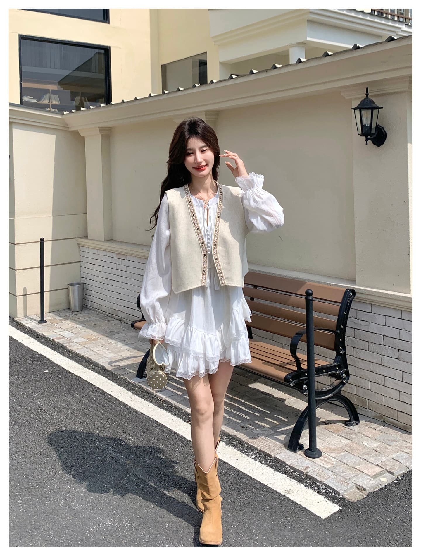 천 실크 주름 네리 참나무 늑골 분위기 센스 하프 열기 레이스업 나팔 소매 층 연꽃 잎 화이트 여성 드레스 상세 이미지 22