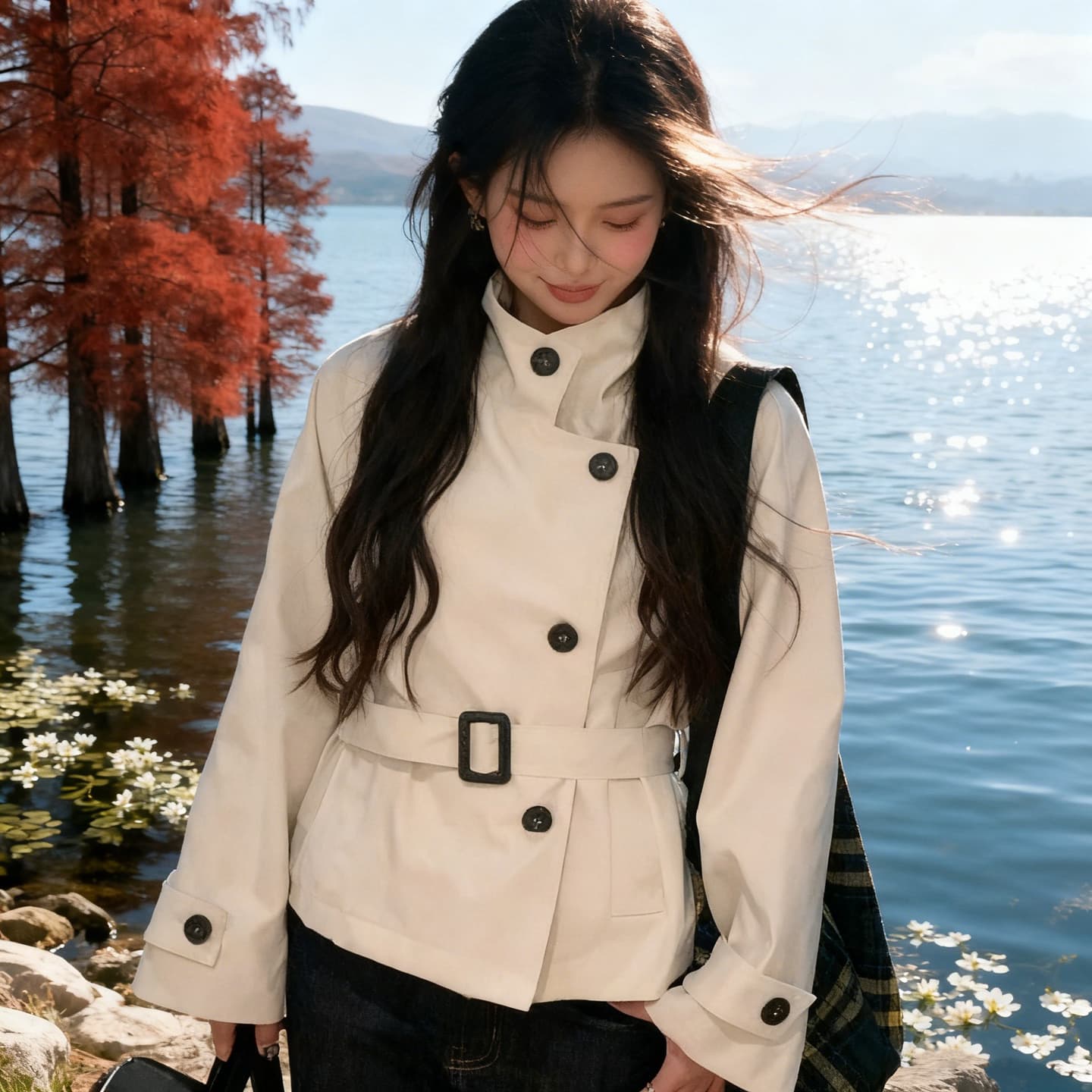 영국식 바람 캐주얼 쇼트 스타일 바람막이 여성 코트 봄 가을 작은 키 품격 고급 센스 스탠드 칼라 허리 수축 재킷 맨위 상세 이미지 3