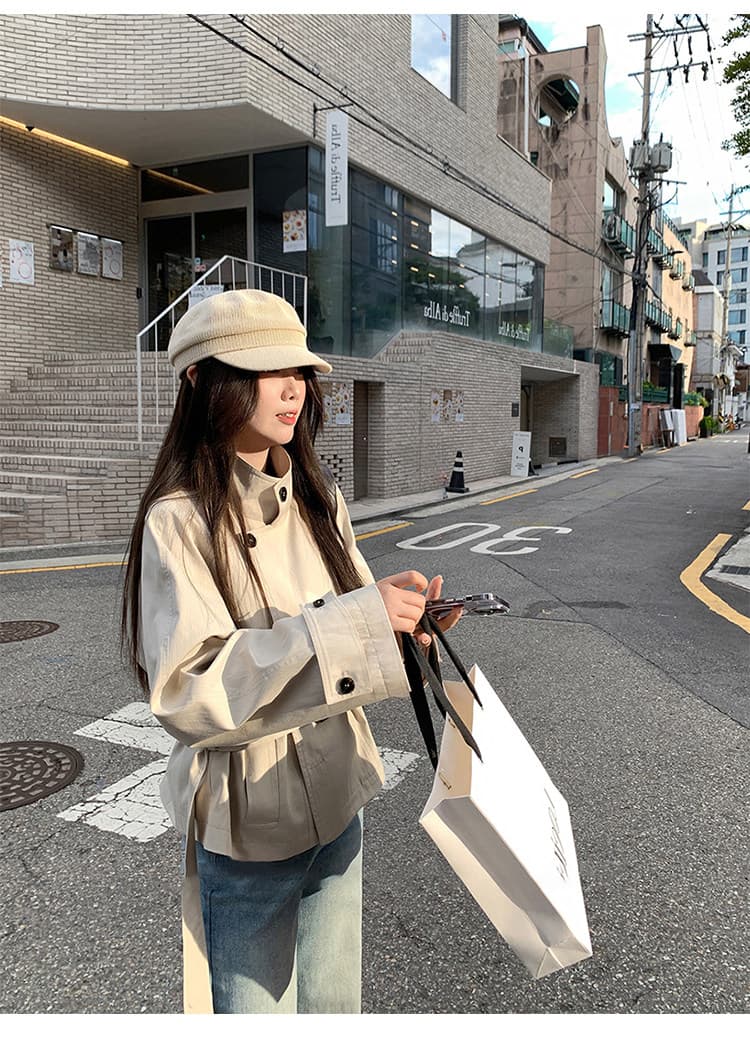 사선 무늬 셔틀 제직 원단 네리 주머니 미니멀리즘 스탠드 칼라 비스듬한 문 襟 레이스업 짧은 바람막이 품격 여성 셔츠 상세 이미지 3