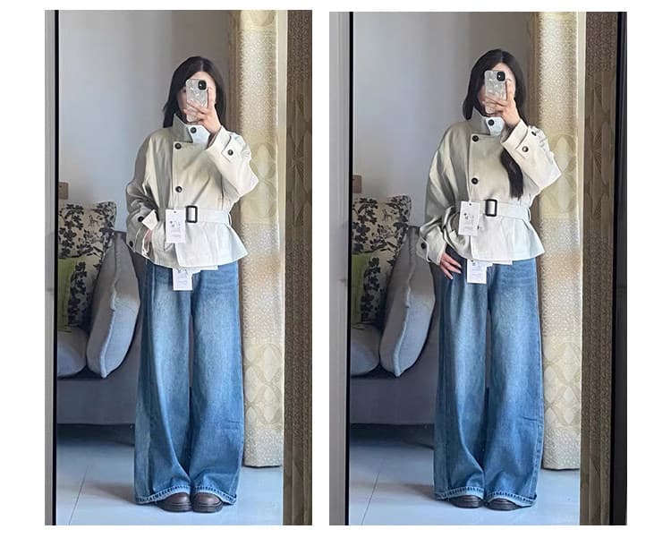 사선 무늬 셔틀 제직 원단 네리 주머니 미니멀리즘 스탠드 칼라 비스듬한 문 襟 레이스업 짧은 바람막이 품격 여성 셔츠 상세 이미지 18