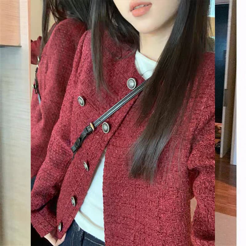 두꺼운 모방 원단 네리 벨트 어깨 분위기 센스 라운드 넥 작은 샤넬 스타일 트위드 금속 버클 짧은 여성 재킷 상세 이미지 11
