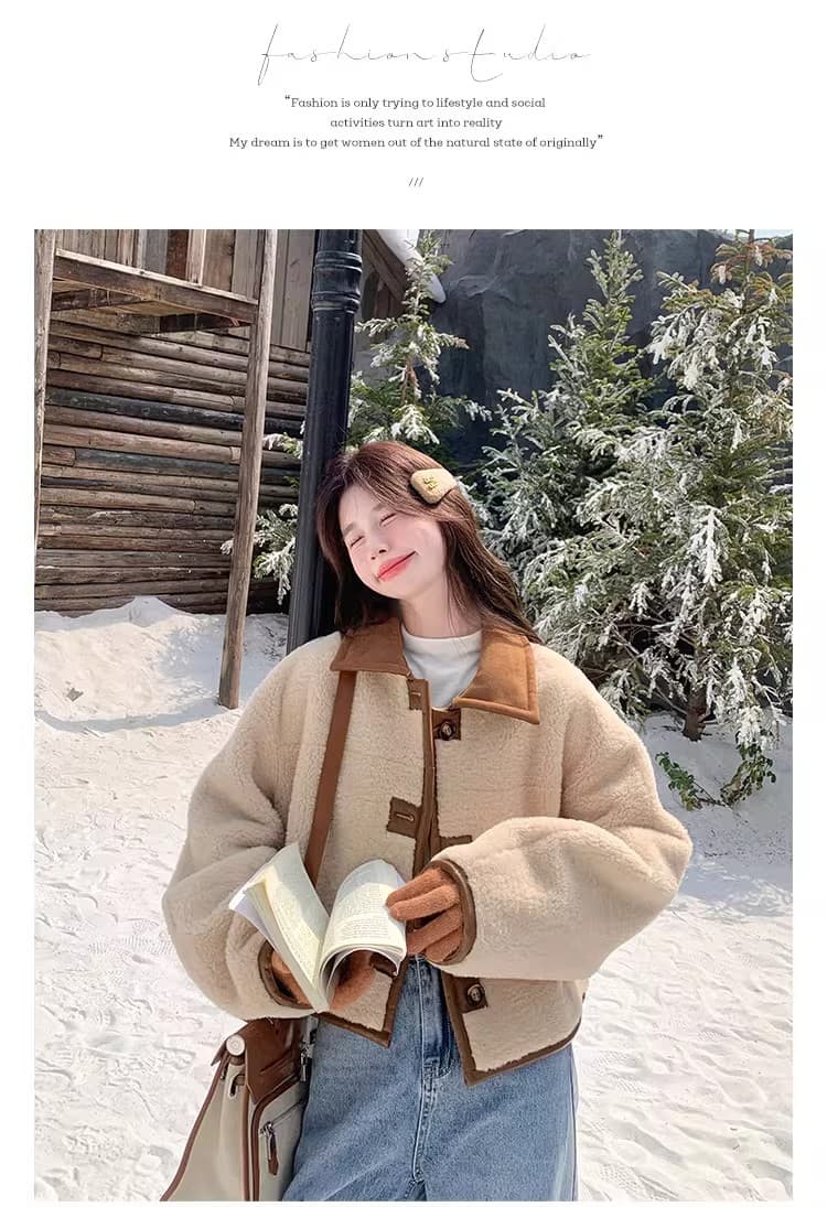 두꺼운 470 그램 스웨이드 양털 플리스 복합 루즈핏 쇼트 스타일 양성 및 음성 둘 착용 양털 폴로 칼라 여성 코트 상세 이미지 7