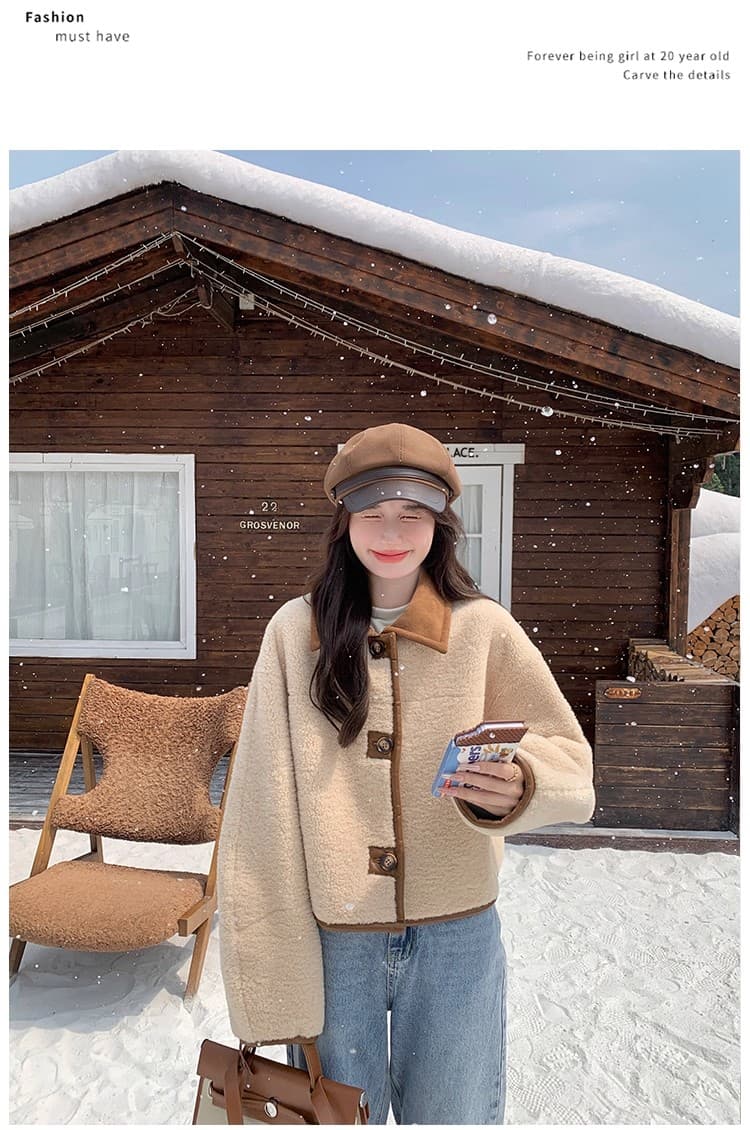 두꺼운 470 그램 스웨이드 양털 플리스 복합 루즈핏 쇼트 스타일 양성 및 음성 둘 착용 양털 폴로 칼라 여성 코트 상세 이미지 11