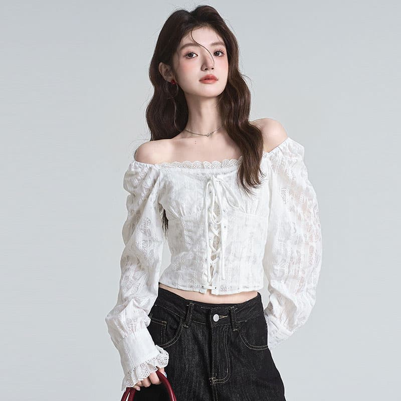 포함 면 원단 지퍼 명중 가져 가라. 프랑스식 분위기 센스 광장 칼라 자카드 십자가 레이스업 쇼트 스타일 거품 소매 맨위 이미지 4