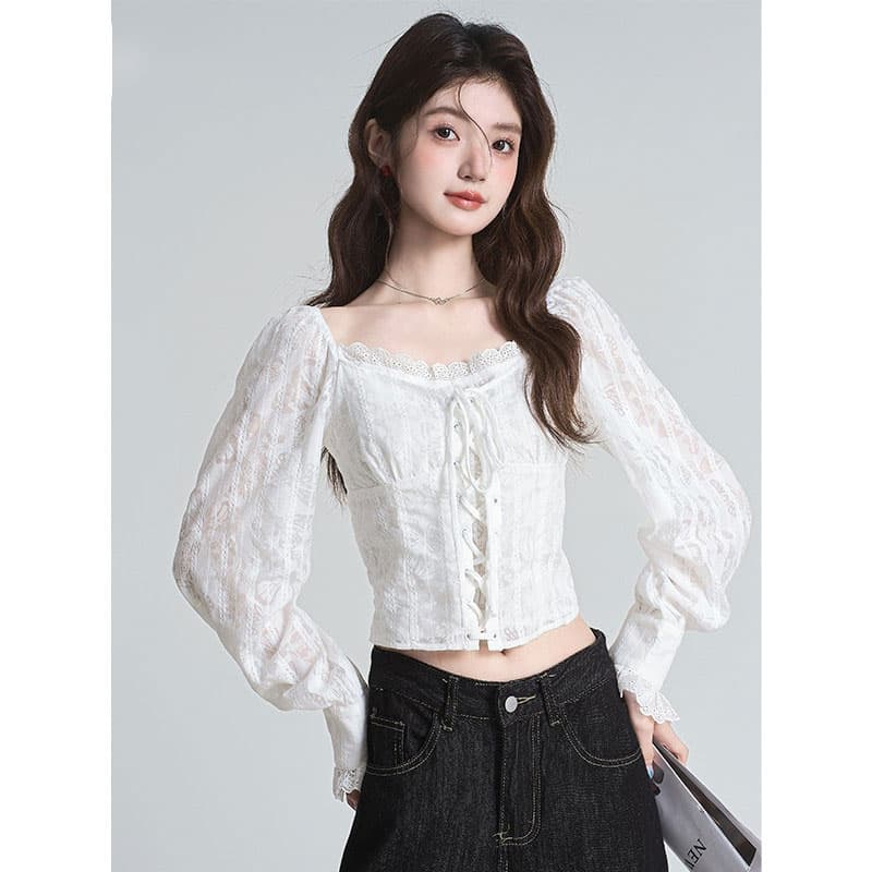 포함 면 원단 지퍼 명중 가져 가라. 프랑스식 분위기 센스 광장 칼라 자카드 십자가 레이스업 쇼트 스타일 거품 소매 맨위