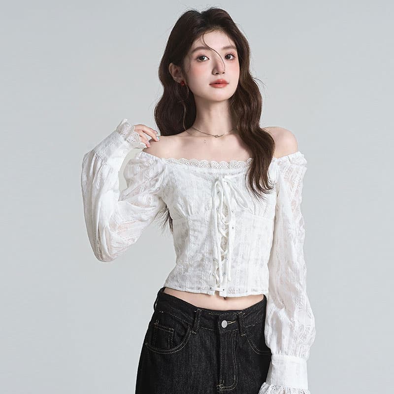 포함 면 원단 지퍼 명중 가져 가라. 프랑스식 분위기 센스 광장 칼라 자카드 십자가 레이스업 쇼트 스타일 거품 소매 맨위 이미지 2
